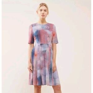 Jigsaw Pleated Silk Purple Pink Dress‎ Multicolor Art Watercolor Silk size 6